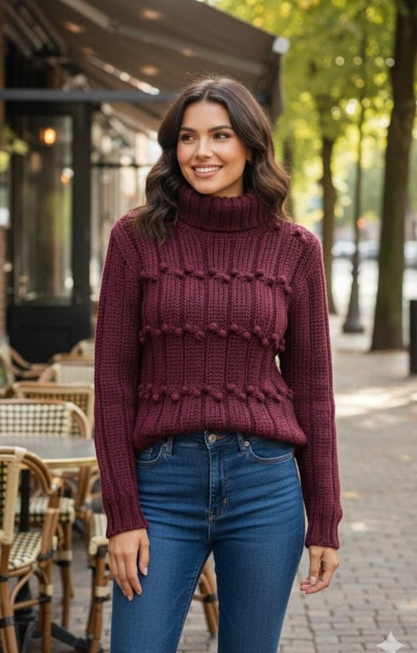 Vtge Handmade 80'  burgundyBobble turtleneck Bust 36" CBack 24"Rare QualityEVU